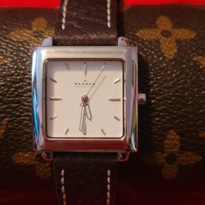 Skagen Men's Or Unisex Stainless Steel Watch, Square Dial, Brown Leather Strap‎